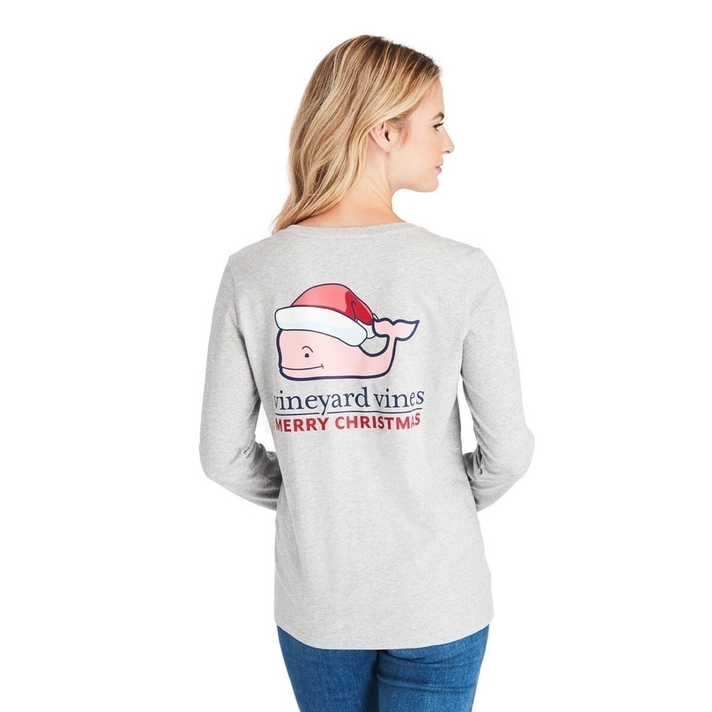Vineyard Vines Grey Pink Santa Whale Pocket Long-Sleeve Tee Small